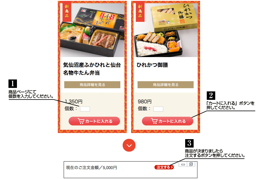 商品ページにて個数を入力してください。

「カートに入れる」ボタンを押してください。

商品が決まりましたら注文するボタンを押してください。