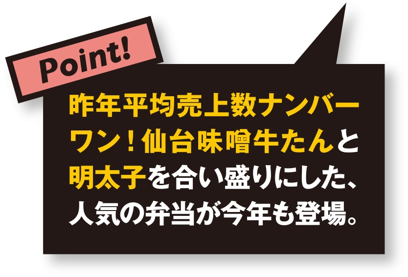 昨年平均売上数ナンバーワン！ 仙台味噌牛たんと明太子を合い盛りにした、人気の弁当が今年も登場。